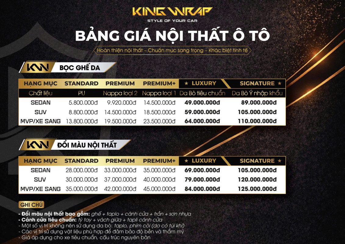 Bọc ghế da ô tô bao nhiêu tiền? Báo giá mới nhất 2026 8 Bọc ghế da ô tô Hà Nội đẹp - bền - chuẩn form tại KingWrap